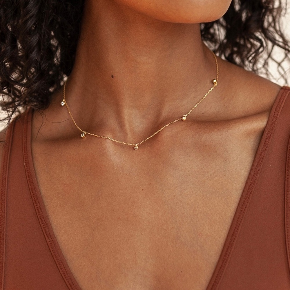 18K Gold Plated Dainty CZ Diamond Station Necklace